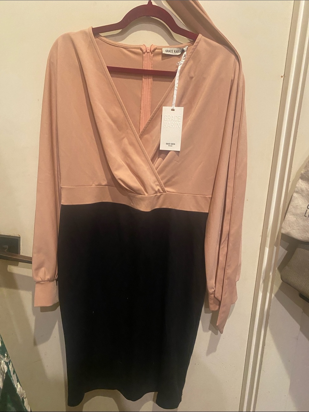 Grace Karin Blush Pink and Black Long Sleeve Wrap-Style Sheath Dress